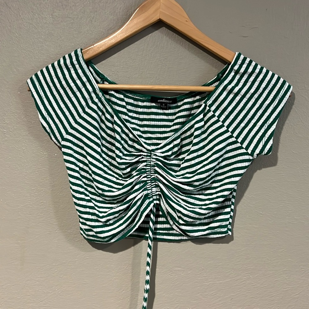 Green and white striped cropped shirt